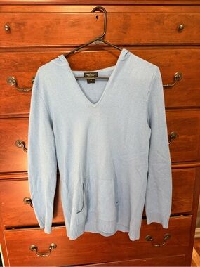 Lord & Taylor Light Blue V-Neck Hooded Cashmere Sweater